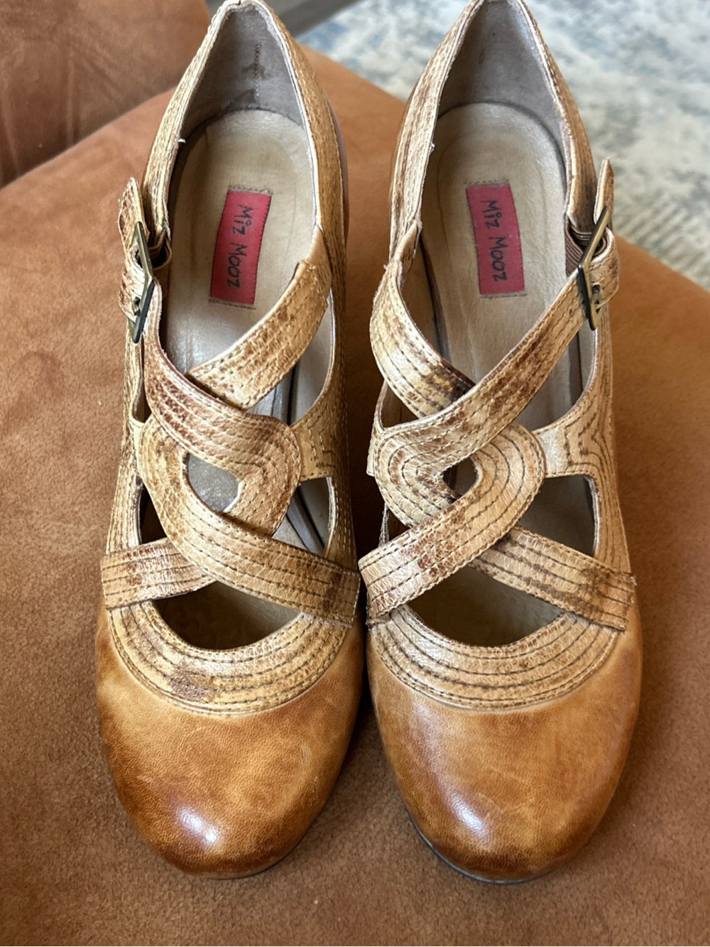 Miz Mooz soho Tan Cognac Leather Crisscross Mary Jane Heels